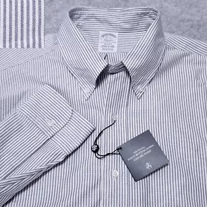 BROOKS BROTHERS MENS SHIRT NWT 17 37 REGENT GREY WHITE STRIPED - Picture 1 of 11