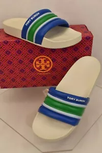 NUEVO EN CAJA TORY BURCH MULTICOLOR VERDE AZUL RAYAS LOGOTIPO DIAPOSITIVAS 8 - Imagen 1 de 12