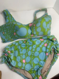 NOS Vintage Bikini Two Piece Swimsuit MOD Green Blue Pink GROOVY Sz 12/34 READ - Picture 1 of 15