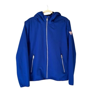 NWT Guess Men's LG Softshell Jacket Blue Hooded Fleece Mesh Lining Lightweight - Picture 1 of 8