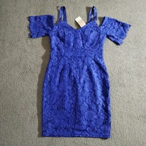 Dorothy Perkins Dress 12 Petite Blue Lace Floral Paisley Cold Shoulder Lined - Picture 1 of 16