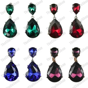CLIP ON 4cm BIG CRYSTAL DROPS EARRINGS purple/red/blue/green SILVER/GOLD FASHION - Picture 1 of 36