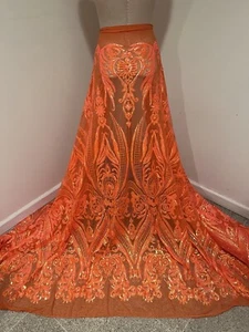 Orange Iridescent 4way Stretch Sequins Embroidery Fabric 50” Width 1 Yard - Picture 1 of 5
