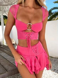 Pink Short Sleeve Hollow Bandage Crop Top & Mini Pleated Skirt Set - Picture 1 of 9