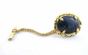 Natural 18x13 Oval Lapis Gem Gold Color Tie Tack With Chain Clutchback EBS3676 - Picture 1 of 2