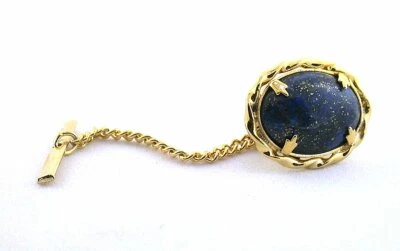 Natural 18x13 Oval Lapis Gem Gold Color Tie Tack With Chain Clutchback EBS3676 - Image 1 of 2