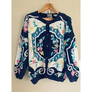 Vintage Together! Colour Chunky Floral Knit Cardigan Grandma Cottagecore XL-XXL - Picture 1 of 3
