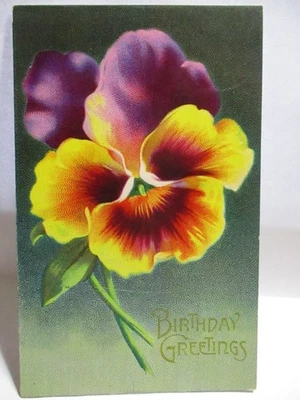 POSTAL DE FELICITACIONES DE CUMPLEAÑOS 1910, PENSAMIENTO AMARILLO PÚRPURA Foto 1 de 2