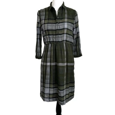 Burberry Brit Womens Nova Check Gauzy 3/4 Sleeves Dress Size 8 Green Gray Lined - Image 1 of 4