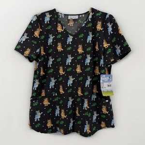 Bluey Christmas Scrub Top Damen L schwarz V-Ausschnitt Fronttaschen Urlaub neu - Bild 1 von 6