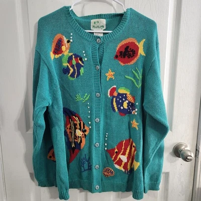 Vintage quacker factory hand knit fish sweater beaded embroidered women Medium - Image 1 of 4