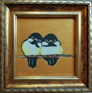 Garbanzos Pájaro Pintura Pareja Pájaros Marco Dorado Pequeño Pintado a Mano Original - Imagen 1 de 12
