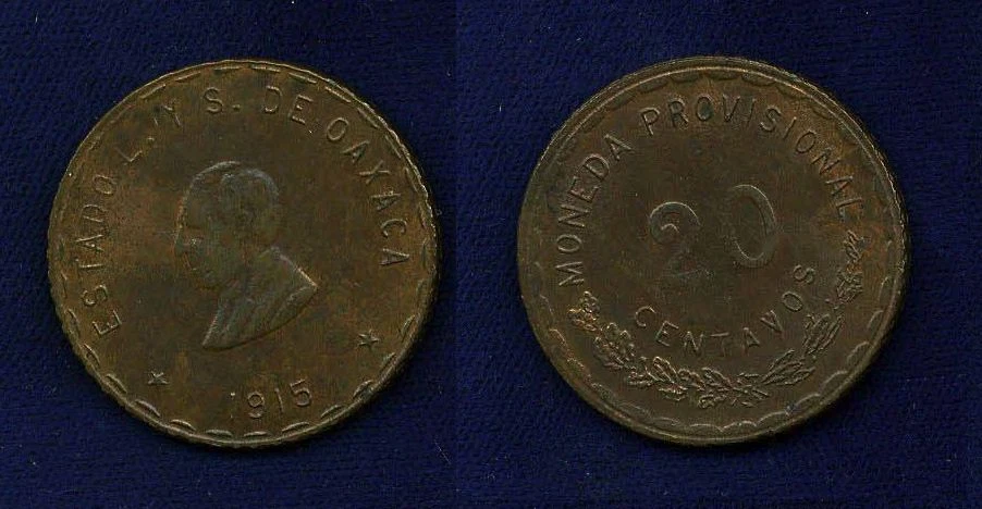 MEXICO  REVOLUTIONARY  OAXACA  1915  20 CENTAVOS COIN, JUST ABOUT UNCIRCULATED - Image 1 of 1