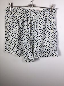 H&M Womens Linen Blend White Blue Polka Dots Elastic Waist Shorts Size M W30-34"
