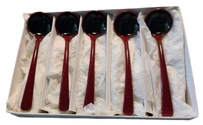 Set of 5 Japanese Sugar Spoons Vermilion and Black Plastic 4 1/2" - Image 1 of 4
