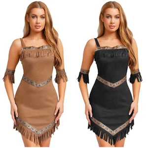 Women's Indian Princess Dress Costume Set Native American Indian Fringe Dress - Picture 1 of 32