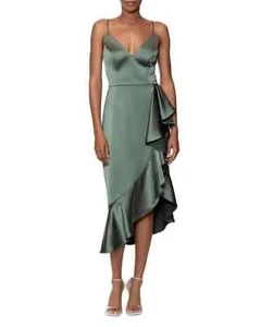 AQUA Ruffled Midi Dress, Olive, Size-12 - Picture 1 of 3