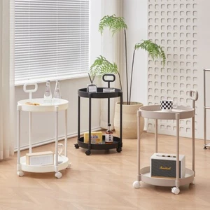 2 Tiers Shelves Round End Table Trolley Side Table Nightstand w/ handle & Wheels - Picture 1 of 29