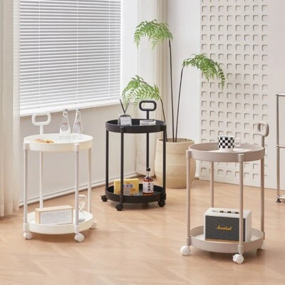 2 Tiers Shelves Round End Table Trolley Side Table Nightstand w/ handle & Wheels - Image 1 of 4