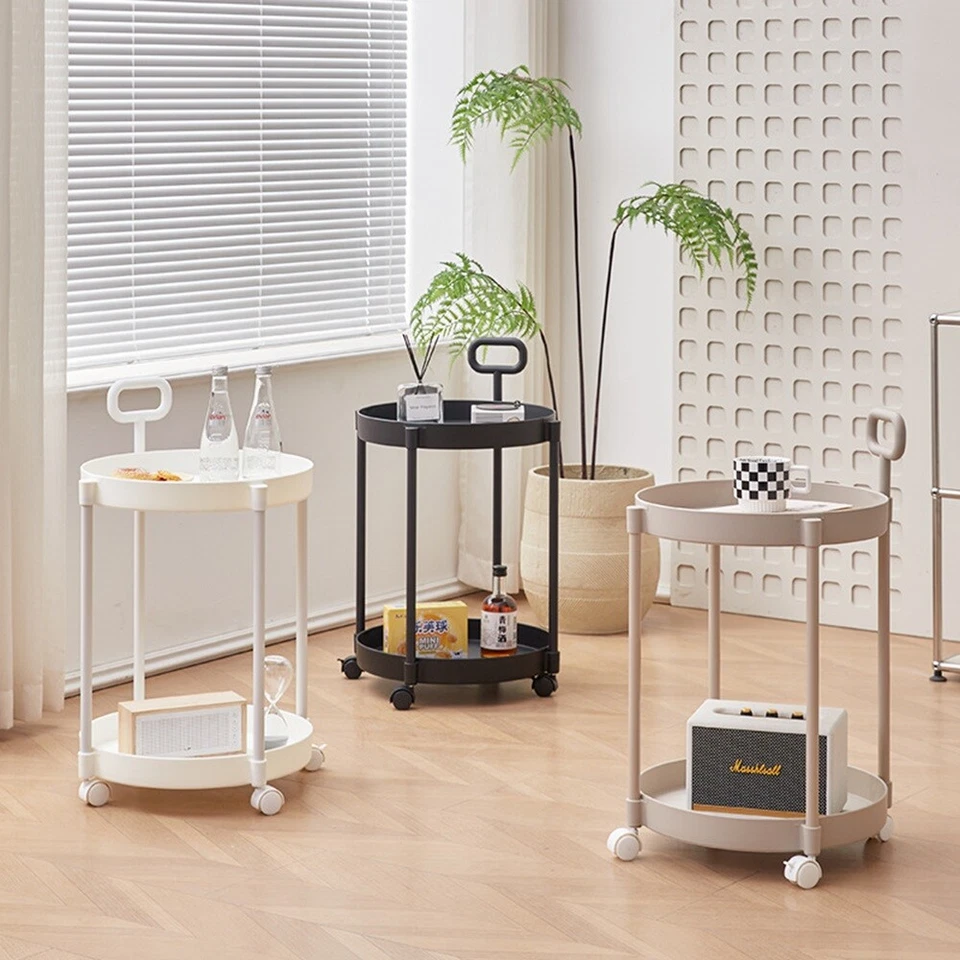 2 Tiers Shelves Round End Table Trolley Side Table Nightstand w/ handle & Wheels - Image 1 of 4