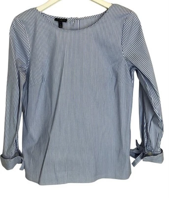 Talbots Petite Bow Accent Top P S Blue White Stripe French Cuff Button Closure - Image 1 of 4