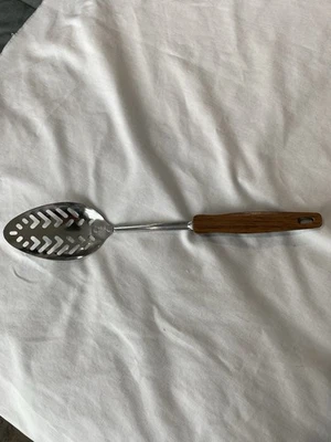 VTG-EKCO USA STAINLESS Slotted Spoon-12”-Faux Wood Handle - Image 1 of 4