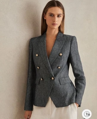 reiss women's clothing Jacket  Baker Linen Cotten Double Breasted Blazer Navy 2 - Image 1 of 4