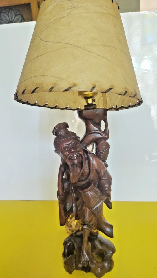 Hand carved Asian Fisherman,  Oriental Style Table Lamp 18" 1930-1940 - Image 1 of 4