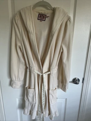 VINTAGE Juicy Couture Y2K Ivory Tiered Ruffle Hooded Velvet Robe S with Pockets - Image 1 of 4