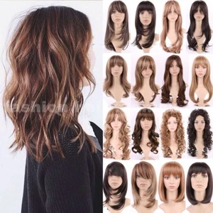 Peluca de pelo largo recta rizada peluca completa con flequillo mujeres cosplay resaltar ombre y - Imagen 1 de 42