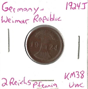 Moneda Alemania (Weimar) 2 Reichspfennig 1924 J KM38 - Imagen 1 de 3