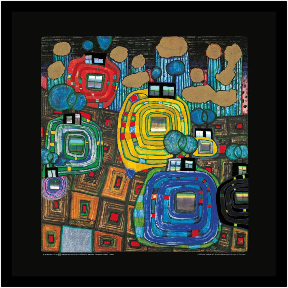 Hundertwasser Poster Kunstdruck Bild im Rahmen Pavilions und Bungalows 48x48cm - Bild 1 von 1