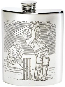 6oz Hip Flask Pewter with Cricket Scenes on Both Sides Bright Polished Screw - Imagen 1 de 6