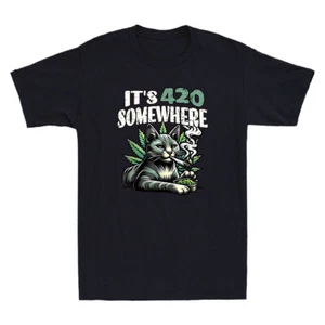 It's 420 Somewhere Funny Weed Cat Smoking High 420 Graphic Vintage Men's T-Shirt - Picture 1 of 8