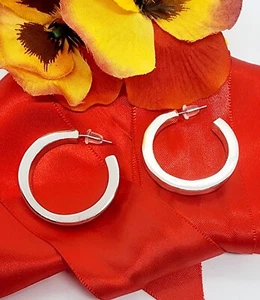 Vintage Mexico 925 Sterling Silver C Hoop Bold Square Edge Modern Flat Earrings - Picture 1 of 5
