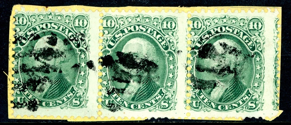 EE. UU. 1861 Washington 10¢ amarillo verde tira de 3 en pieza Scott #68 VFU O657 Foto 1 de 4