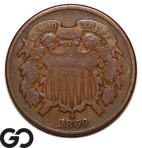 1869 Two Cent Piece, Choice VG++/Fine Early Copper - Picture 1 of 3
