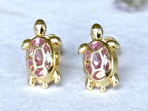 14K solid real gold Turtle CZ earrings, screw back - Picture 1 of 7