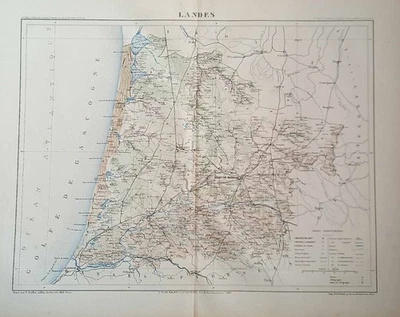 40 LANDES 1889 carte géographique du département ech 1/415000 41x31 cm hors marg - Photo 1/4