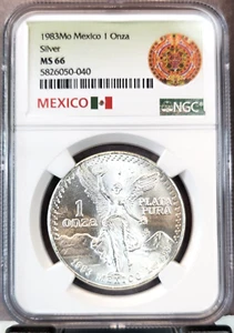 1983 MEXICO SILVER 1 ONZA LIBERTAD NGC MS 66 GEM BU GREAT COIN - Picture 1 of 3