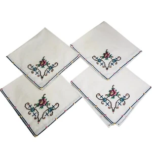 Vintage Leinen Stoffservietten 4er Set Kreuzstich bestickt Blume mit Einfassung - Bild 1 von 10
