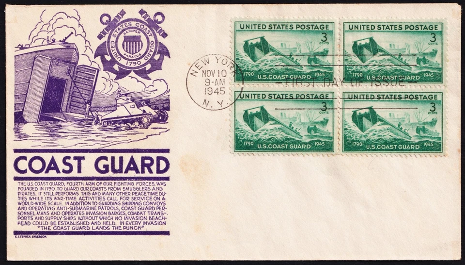 US 1945 Coast Guard (936) . First Day Cover BLOCK . Anderson Cachet - Image 1 of 1