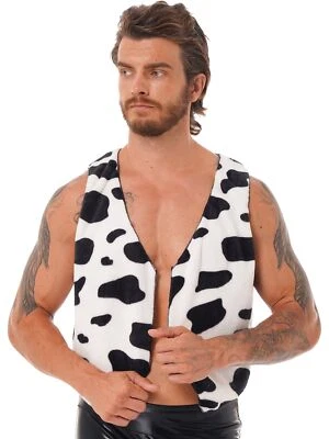 Mens Cow Print Vest Sleeveless Flannel Waistcoat Tops Halloween Hippie Costume  - Image 1 of 3