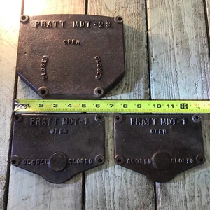 HENRY PRATT CAST IRON VALVE NAME PLATES LOT OF 3, open closed Salvage, Aurora IL - Picture 1 of 12