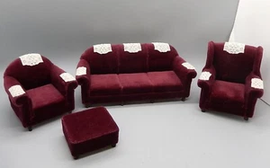 Vintage OOAK Sally Hardy Sofa Arm Chairs & Ottoman Dollhouse Miniature 1:12 - Picture 1 of 19