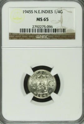 1945 S N.E. Indies 1/4 Silver Gulden. NGC MS 65 - Image 1 of 2