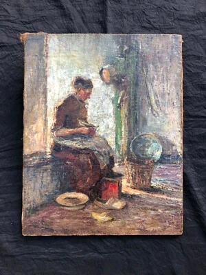 Altes Ölgemälde_Piet Leysing (1885 - 1933)_BEIM GEMÜSE PUTZEN_Rees / Niederrhein - Bild 1 von 4