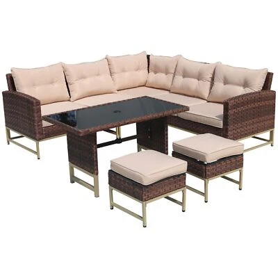 7 Seats Patio Rattan Dining Set Sectional Sofa Couch Ottoman Garden Beige VIXLON