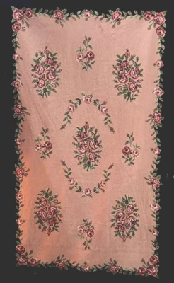 VTG Tapestry Crewel Embroidered Handmade 1941 Black/Pink Floral Rose Rug 77"x48" - Image 1 of 4
