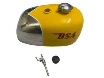 BSA B25 B40 B44 C15 VICTOR ENDURO ACERO CROMO Y AMARILLO TANQUE DE COMBUSTIBLE + TAPA | Apto para Foto 1 de 4